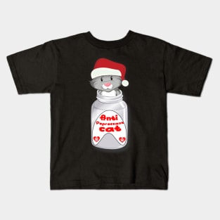 Antidepressant Cat Wearing Christmas Hat Kids T-Shirt